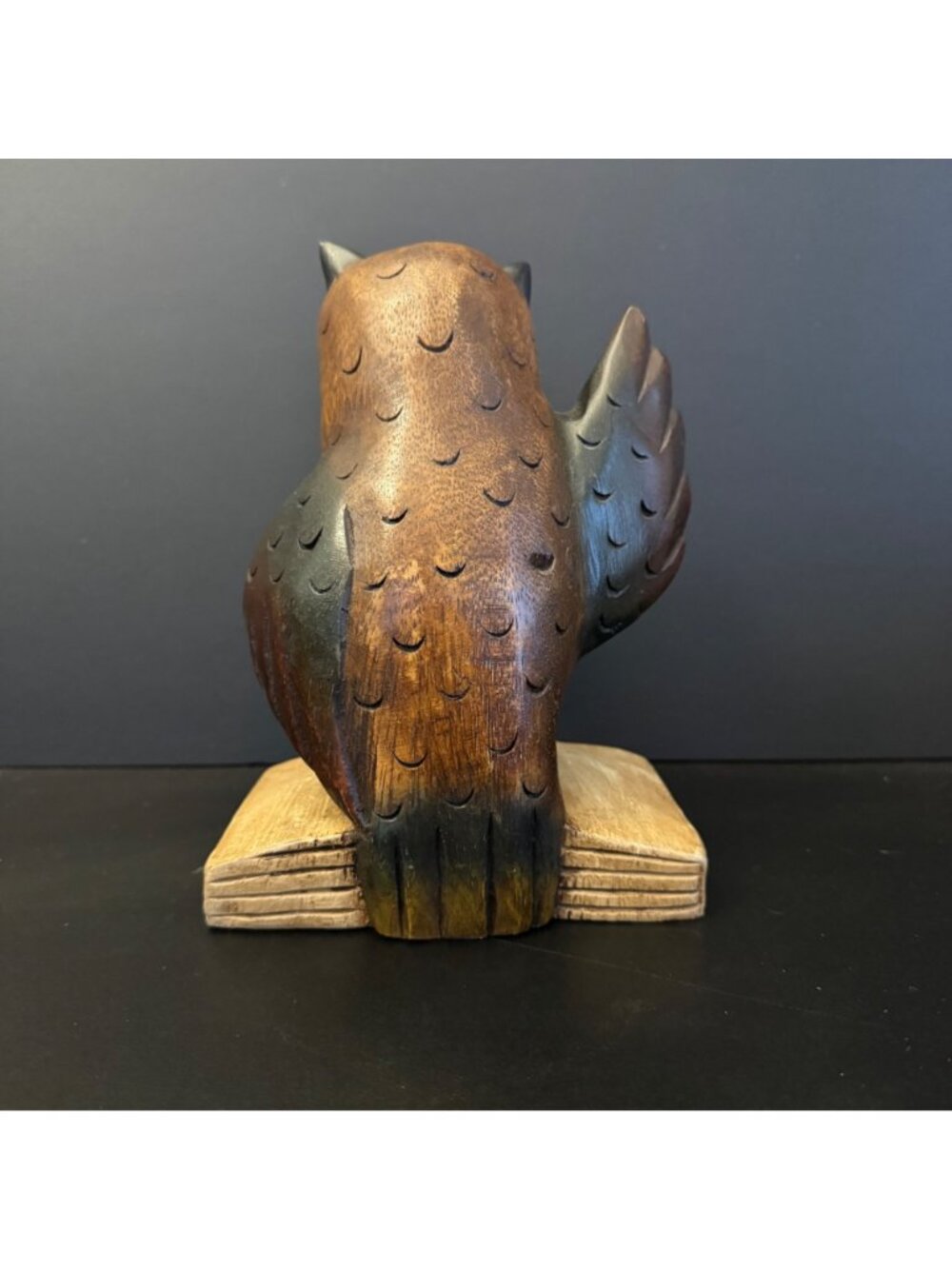 Handcrafted Carved Wooden Owl Figurine On Book Base 8 inches - Picture 2 of 11